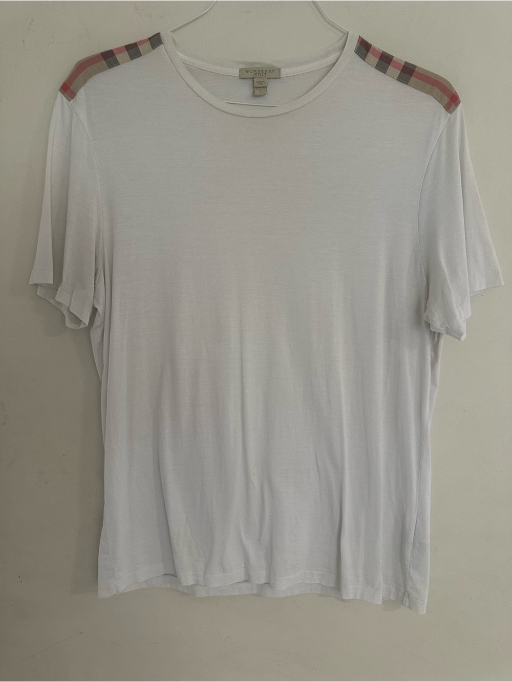 Burberry White Men's Tee with Signature Check Shoulder Detail